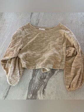 Anthropologie Beige Textured Cropped Balloon-Sleeve Top
